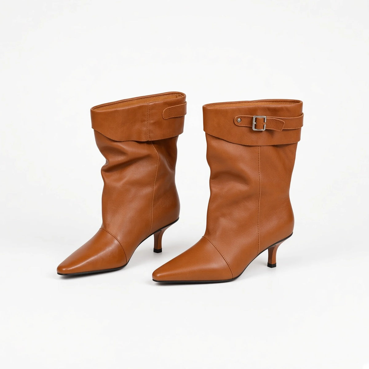 Pointed Toe Slouchy Kitten Heel Boots — brown front