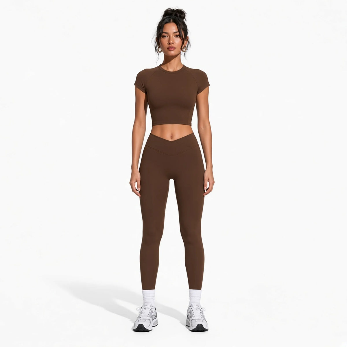 Short Sleeve Yoga Cropped Top — Brown front