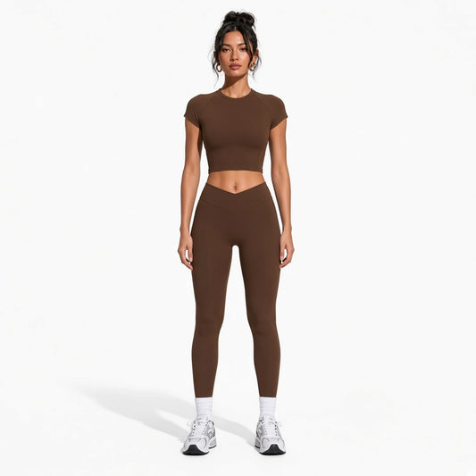 Short Sleeve Yoga Cropped Top — Brown front
