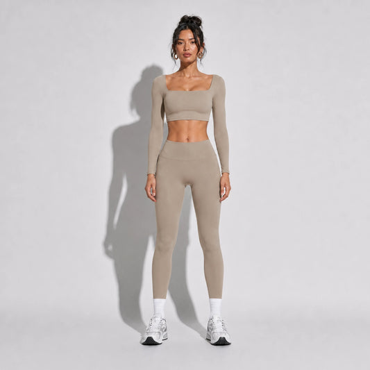 2 Piece Set Long Sleeve and Leggings Yoga — brown front