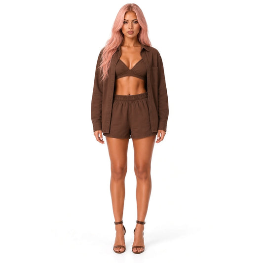 Casual Three-Piece Loungewear Set — Brown front