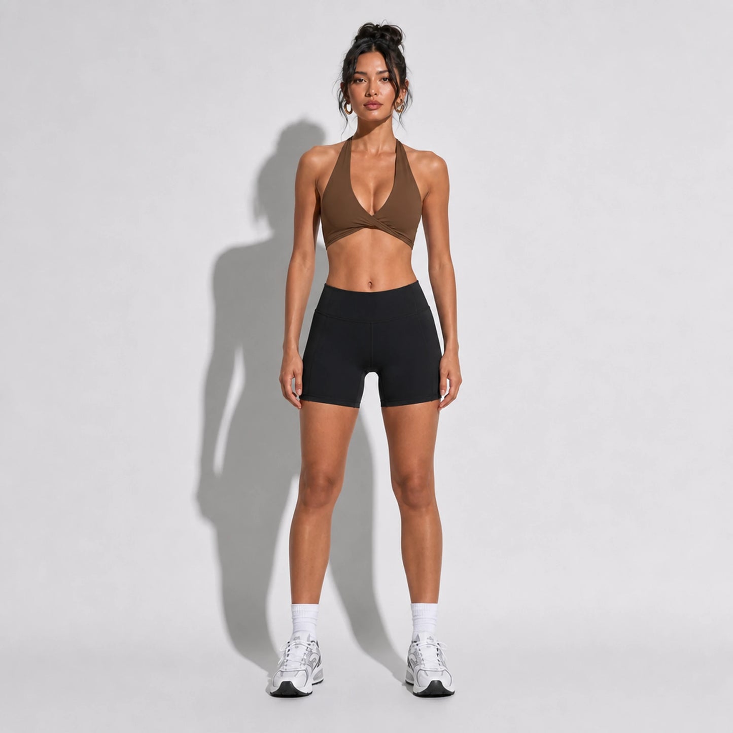 Set — Twist Halter bra Brown + Legging Shorts front on-model 2048