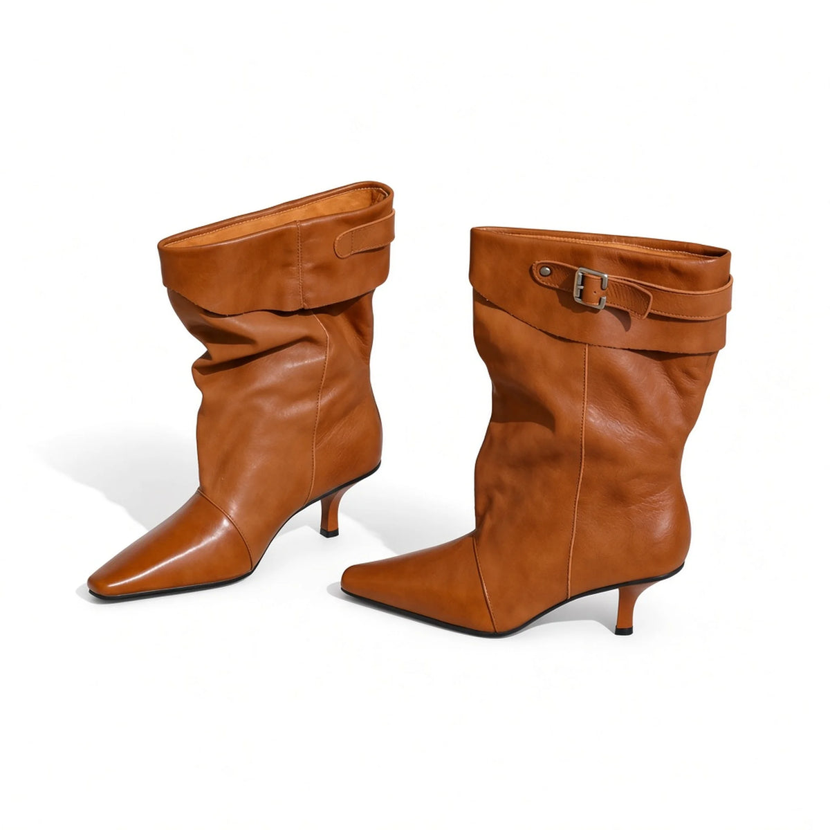 Pointed Toe Slouchy Kitten Heel Boots — brown side