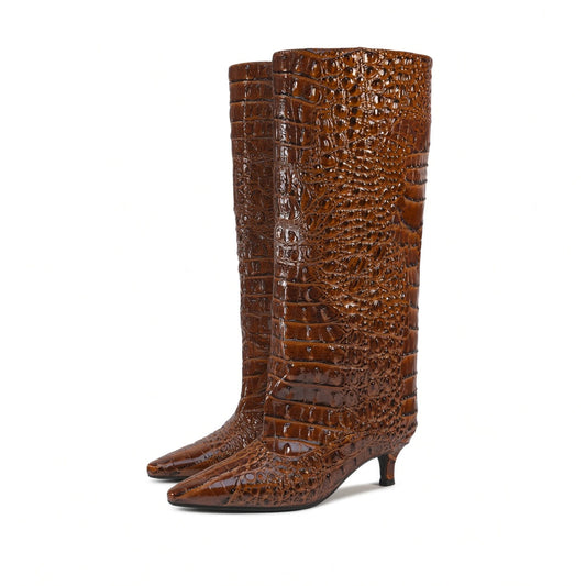 Croc Kitten Heel Knee Boots — brown side