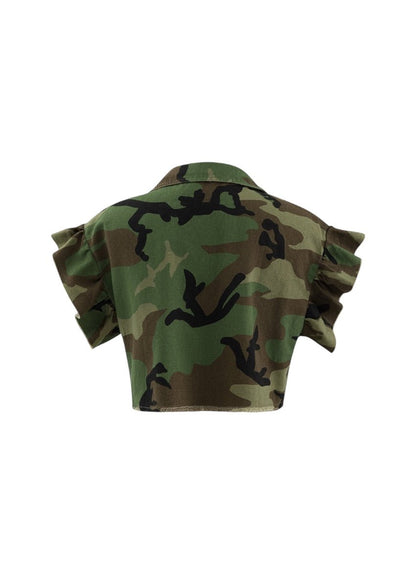 Back Camo Ruffle Sleeve Crop