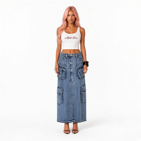 Denim Cargo Maxi Skirt — blue front