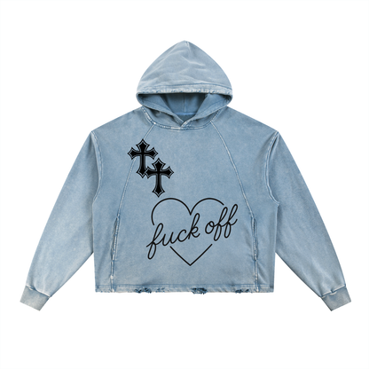 Vintage Cross Washed Frayed-Hem Hoodie in Charcoal Gray Unisex Loose Fit