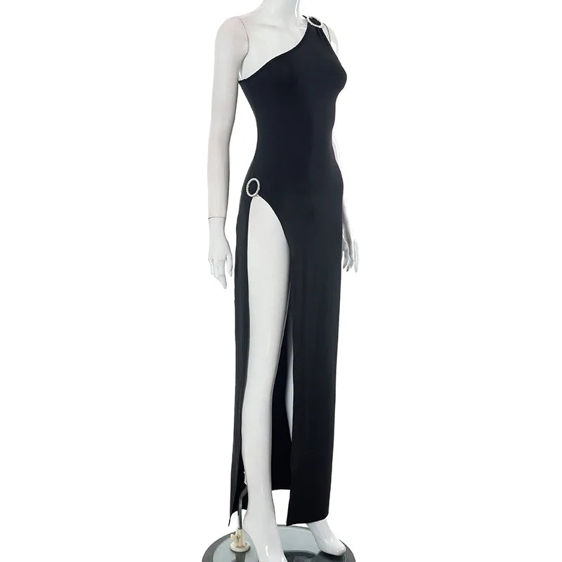 Black Asymmetrical Maxi Split Dress, Mannequin Version (Side Full)