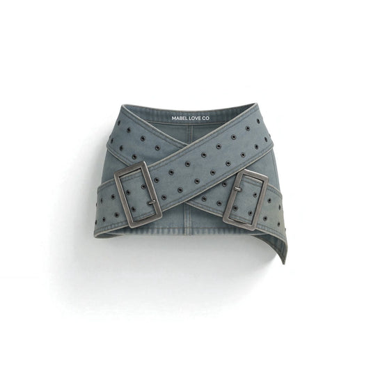 micro belt mini denim skirt — front