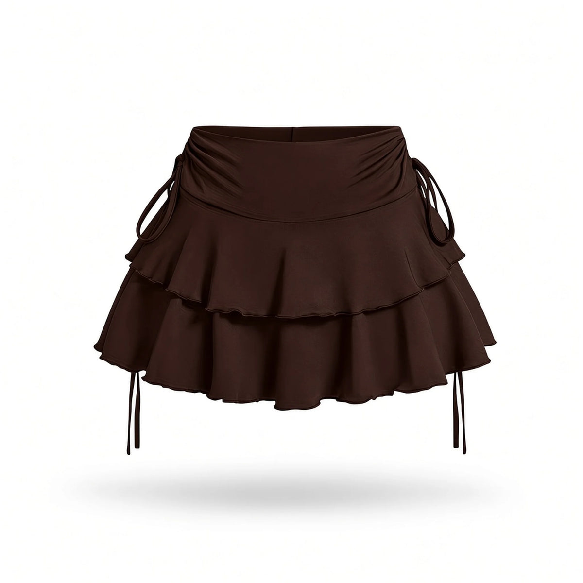 Double-Tier Drawstring Ruffle Mini Skirt — chocolate front