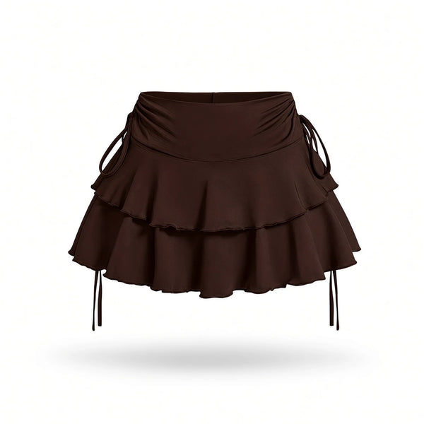 Double-Tier Drawstring Ruffle Mini Skirt — chocolate front