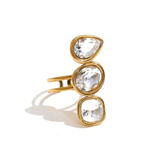 Three Stone Adjustable Crystal Ring — clear front
