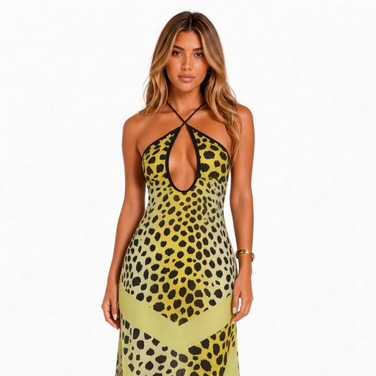 Leopard Keyhole Halter Chiffon Dress — close-up