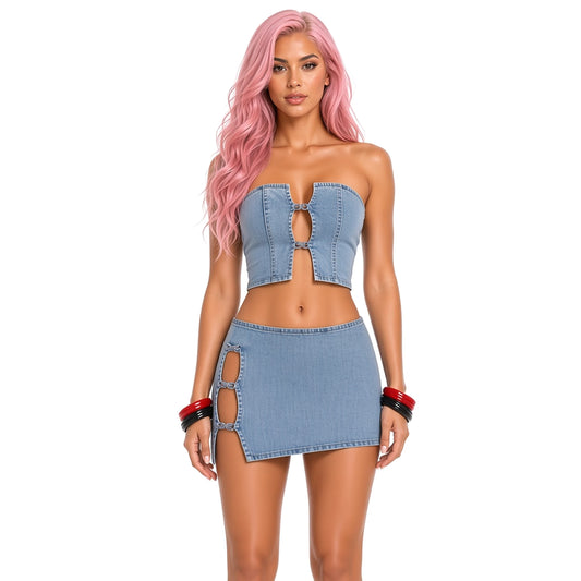 Stretchy Denim Skirt Set — close-up