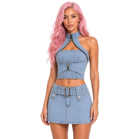 Streetwear Denim Halter Top Mini Skirt Set — close-up