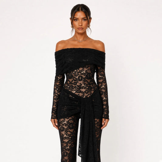 Kat Black Lace Jumpsuit — close-up