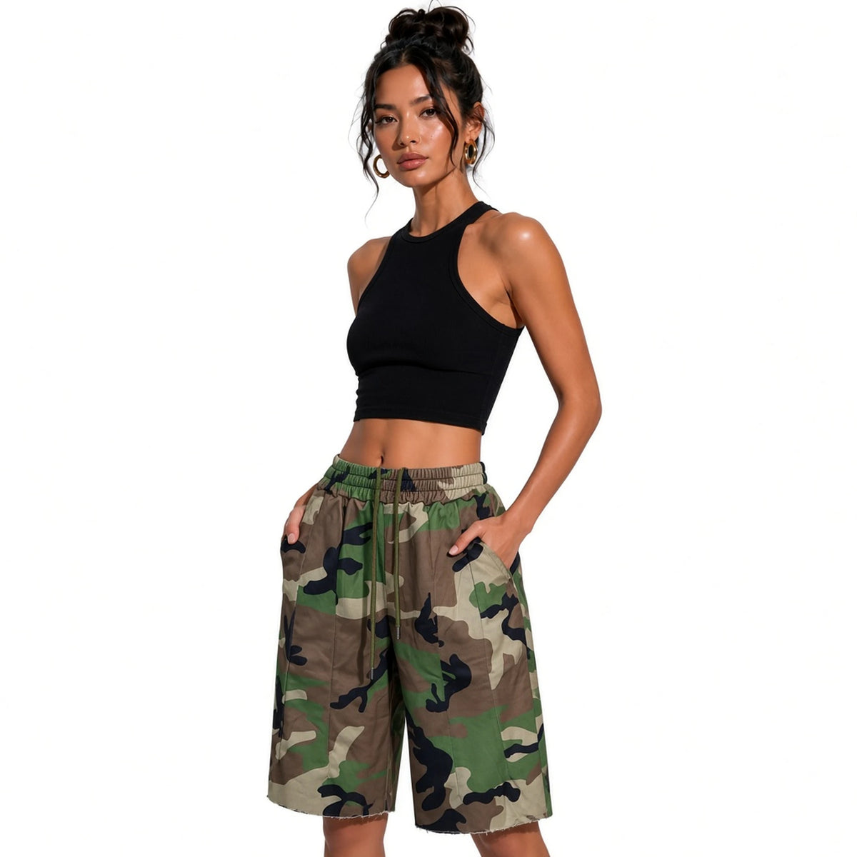 Camo Raw Hem Bermuda Shorts — close-up