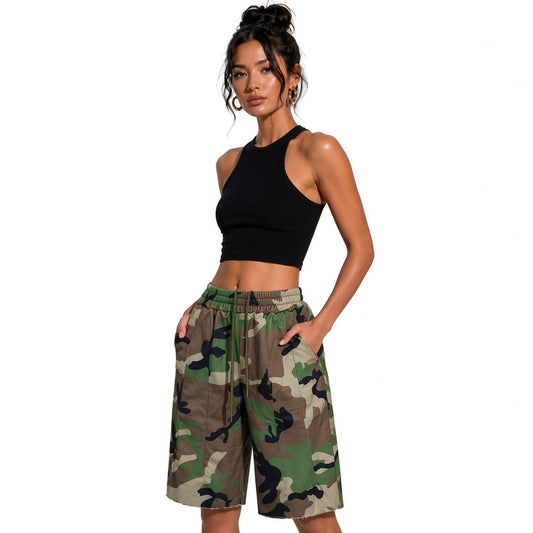 Camo Raw Hem Bermuda Shorts — close-up