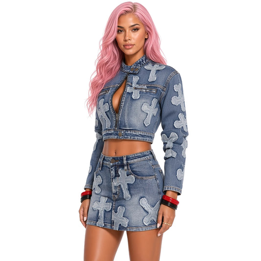 Embroidered Denim Skirt and Cropped Jacket Set — close-up