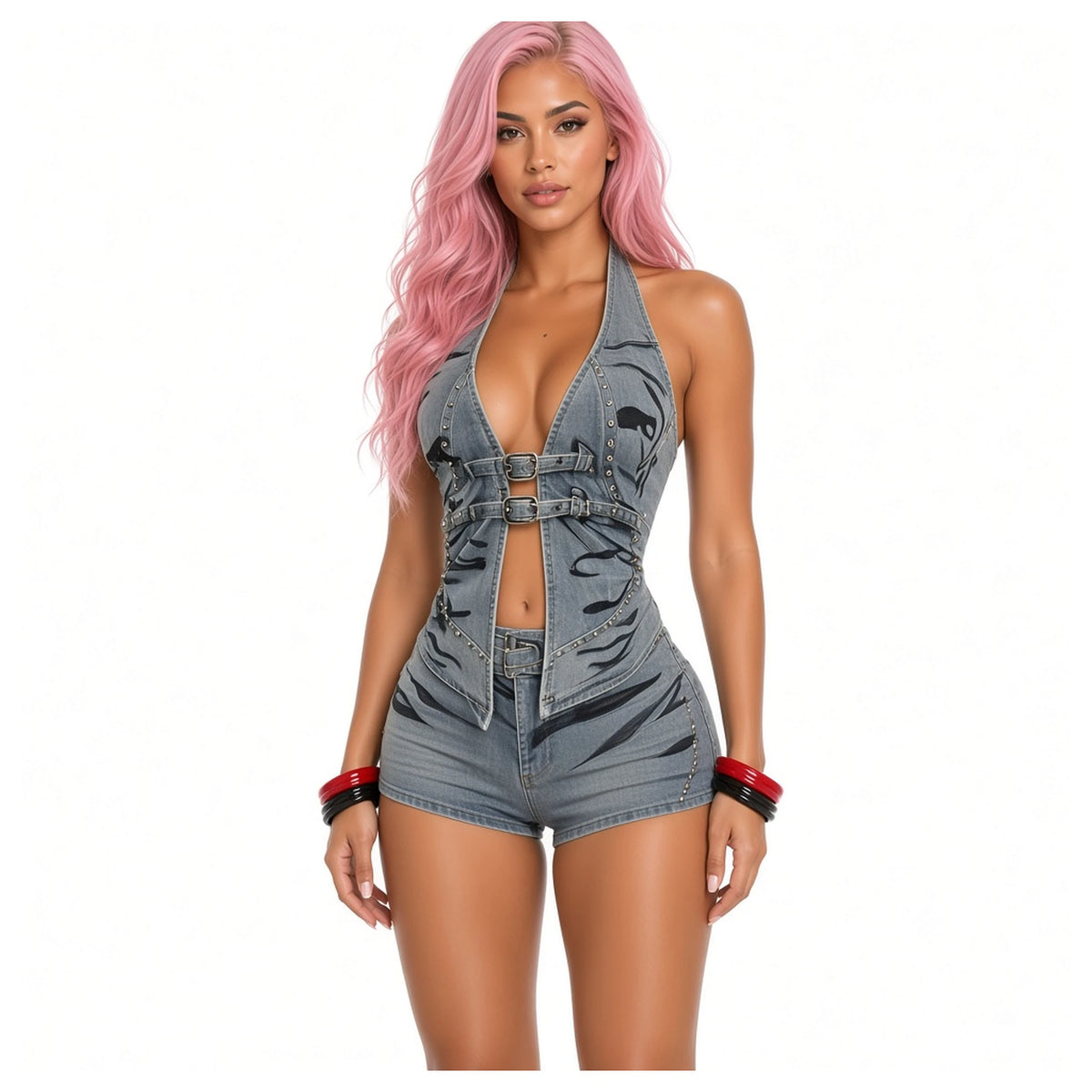 Studded Denim Halter Shorts Set — close-up