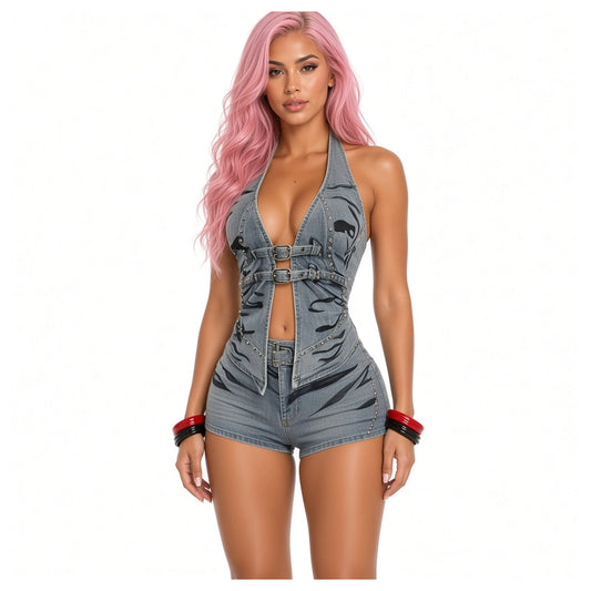 Studded Denim Halter Shorts Set — close-up
