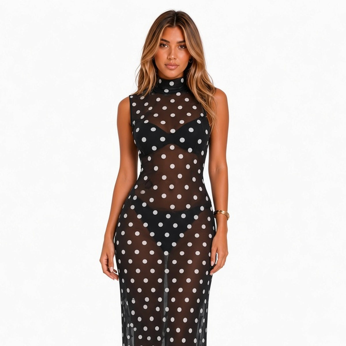 Polka Dot Turtleneck Maxi Dress — close-up