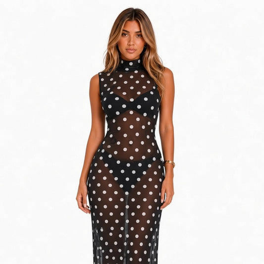 Polka Dot Turtleneck Maxi Dress — close-up
