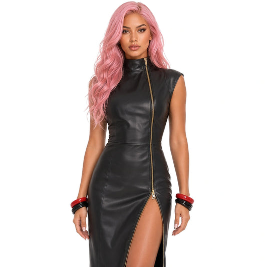 Faux Leather Zip Midi Dress — close-up