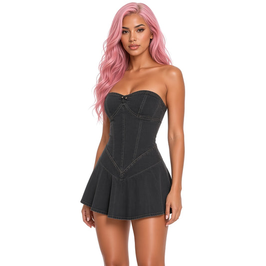 Black Strapless Denim Mini Dress — close-up
