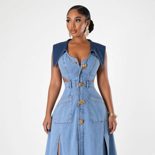 Lapel Sleeveless Denim Dress — close-up