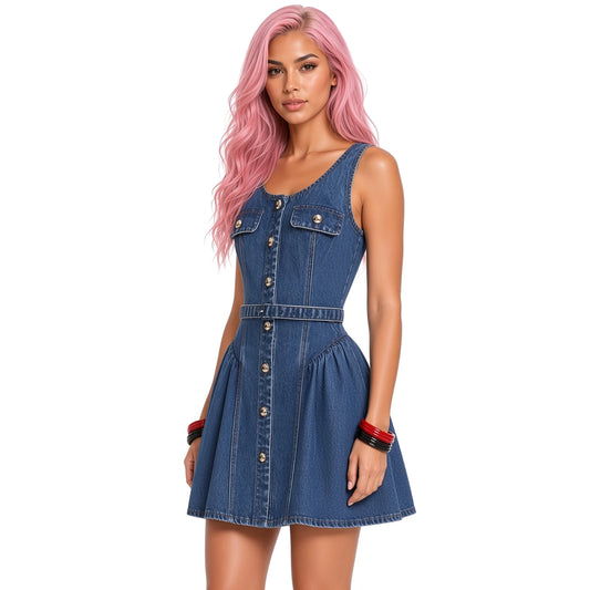 Retro Denim Sleeveless Dress - Casual Chic Women's Fashion — close-up