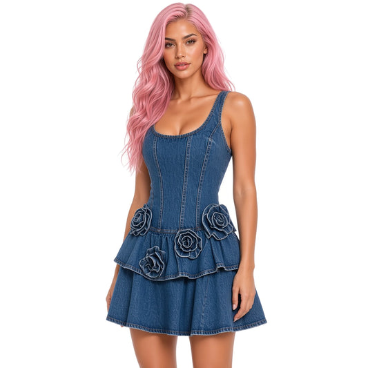 Summer 3D Floral A-line Denim Dress — close-up