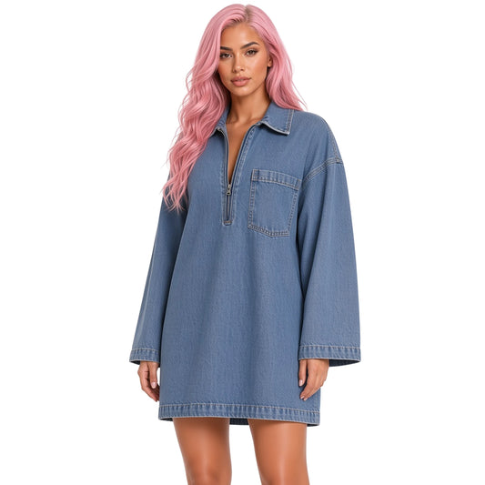 Blue Denim Hipster Mini Dress - Casual Cool — close-up