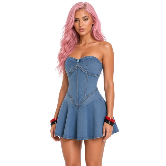 Strapless Denim Pleated Mini Dress — close-up