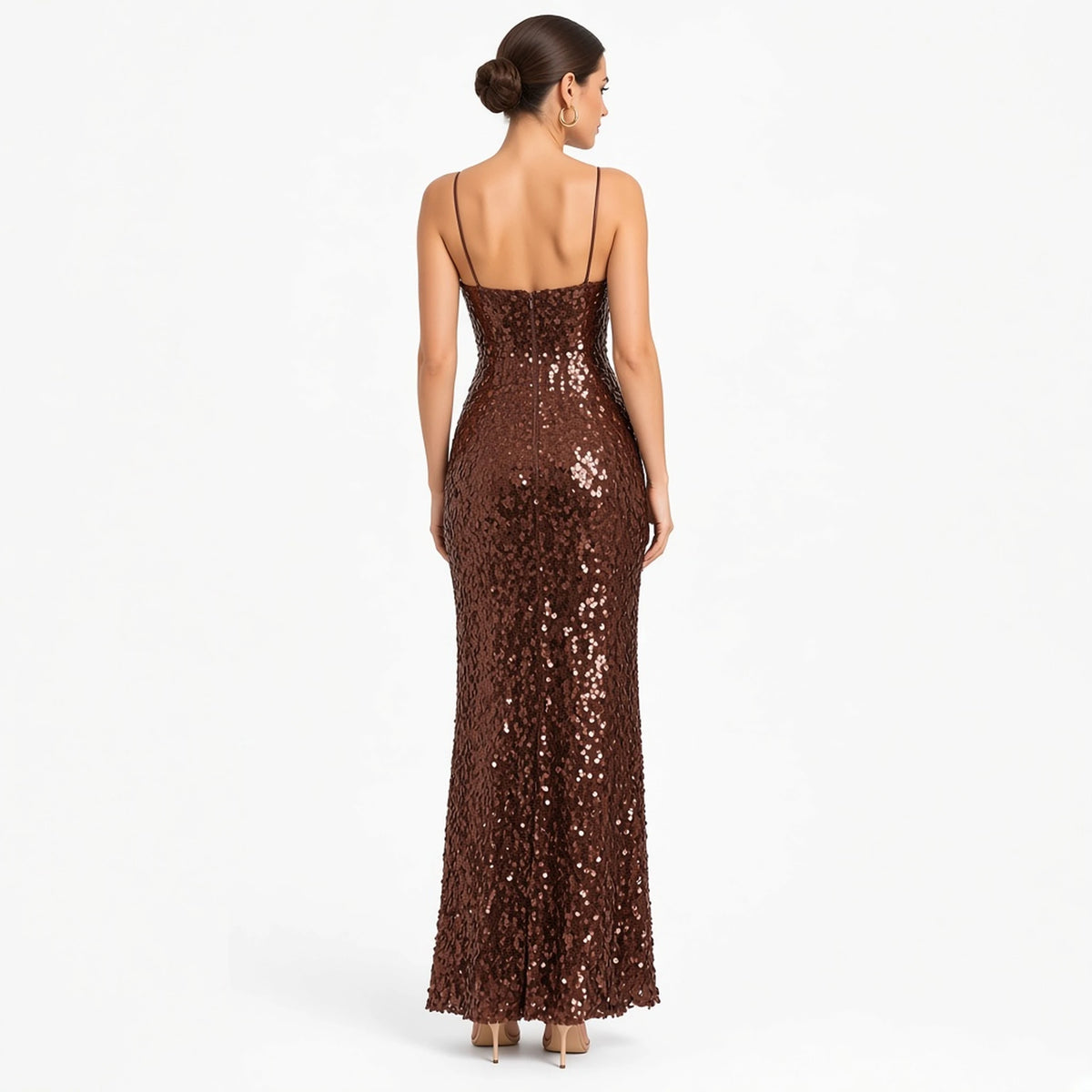 Sequin V-Neck Maxi Dress — coffee back