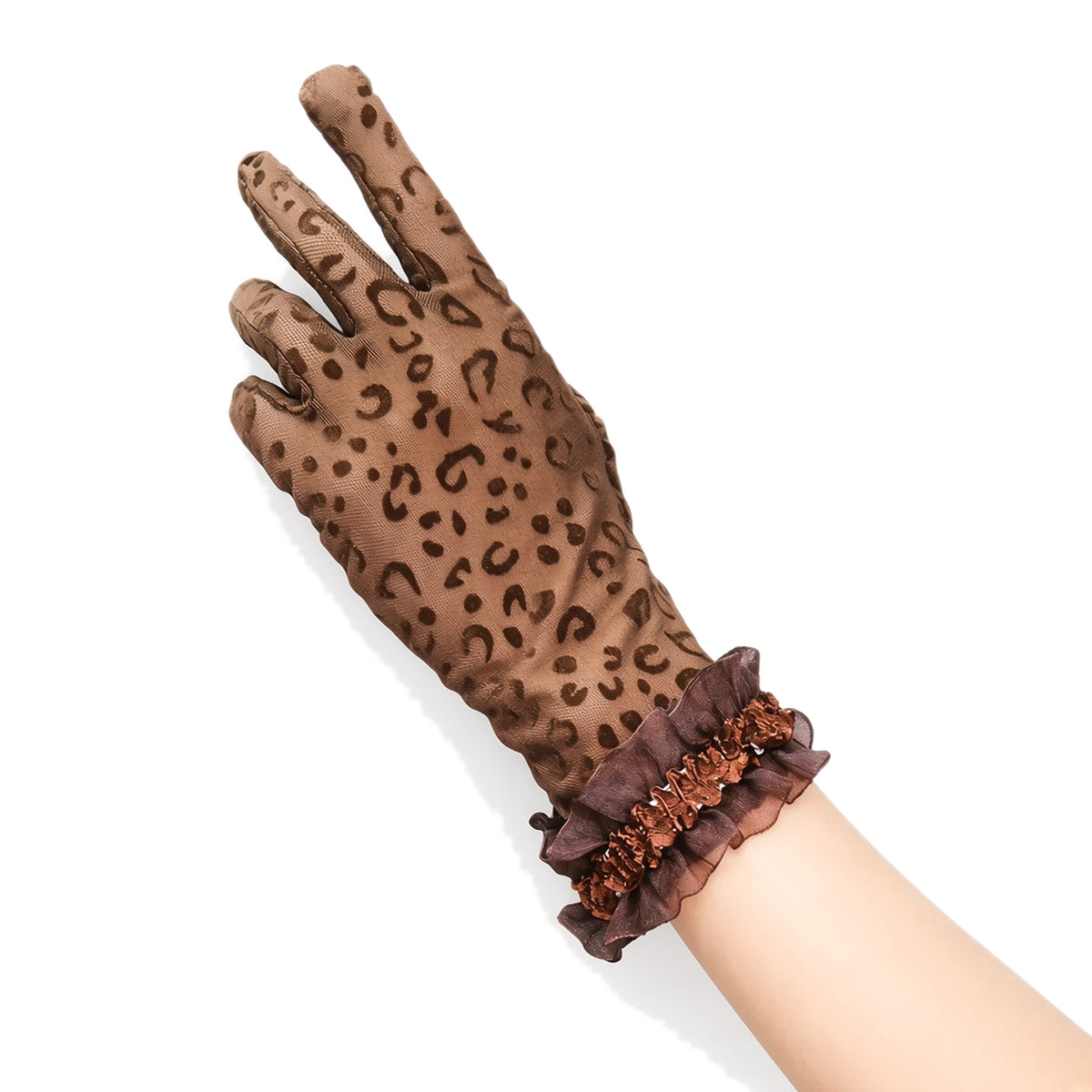 Leopard Lace Mesh Gloves — coffee close-up