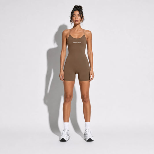 One Piece Yoga Romper — coffee front on-model 2048