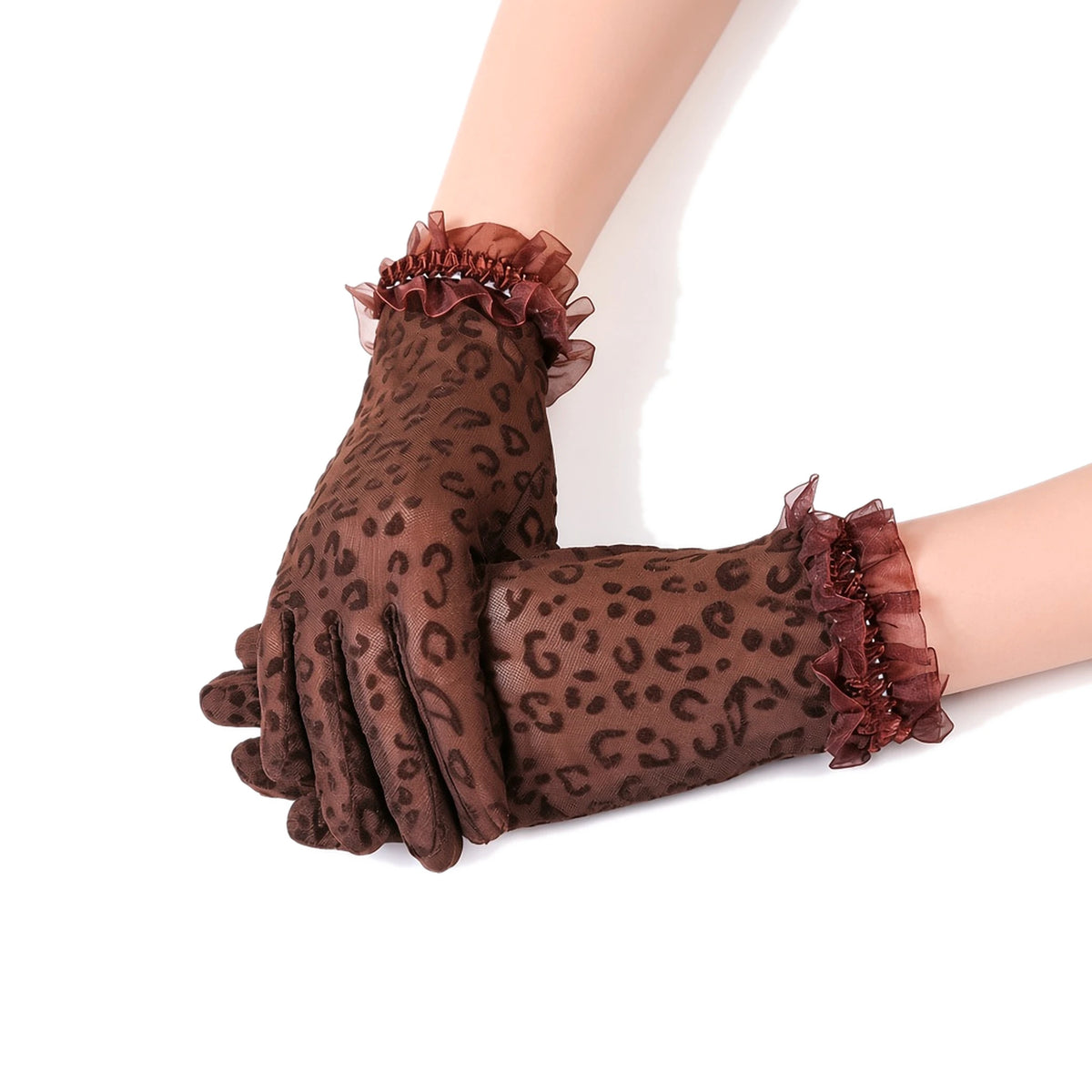 Leopard Lace Mesh Gloves — coffee front
