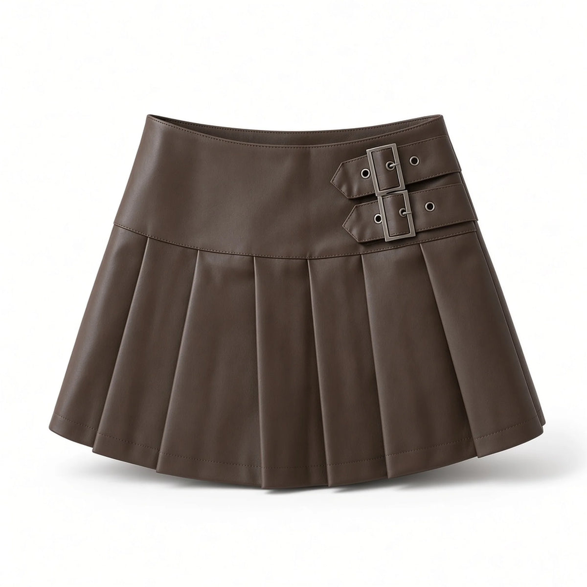 PU Leather Double-Buckle Pleated Mini Skirt — coffee front