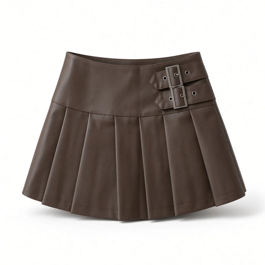 PU Leather Double-Buckle Pleated Mini Skirt — coffee front