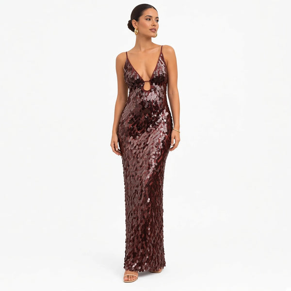 Sequin V-Neck Maxi Dress — coffee front
