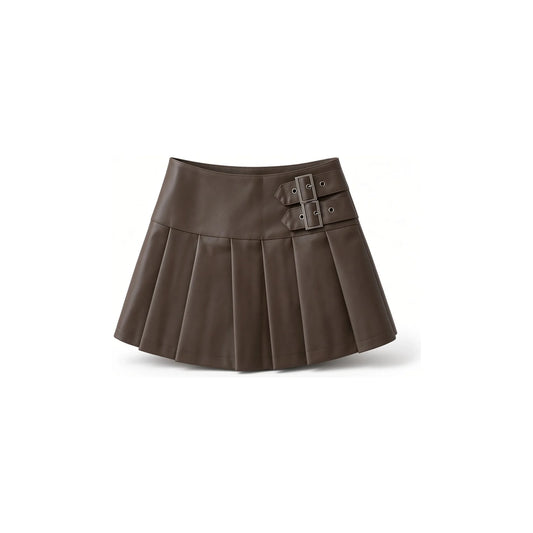 Double-Buckle Faux Leather Mini Skirt — coffee front