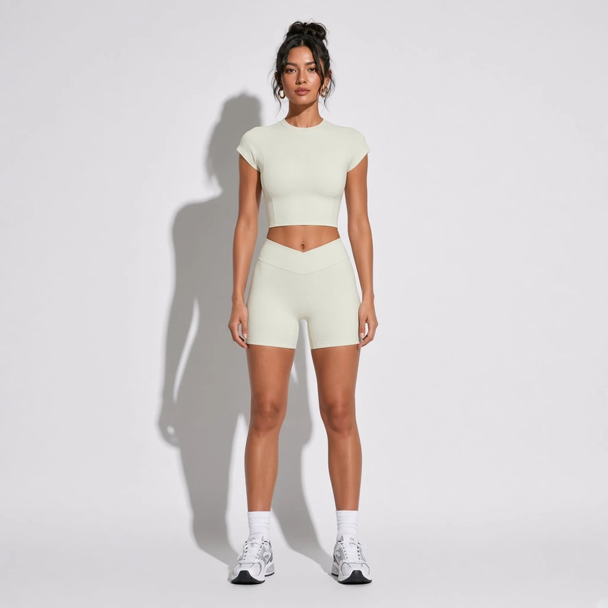 Short Sleeve Yoga Cropped Top — Cream front