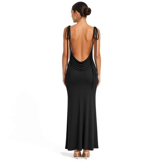 Draped Crisscross Backless Maxi Dress — Black back