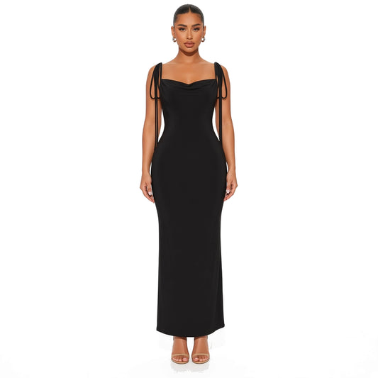 Draped Crisscross Backless Maxi Dress — Black front
