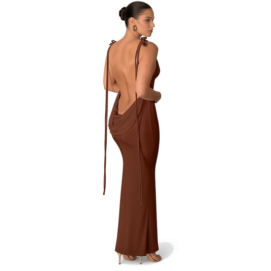 Draped Crisscross Backless Maxi Dress — Brown back
