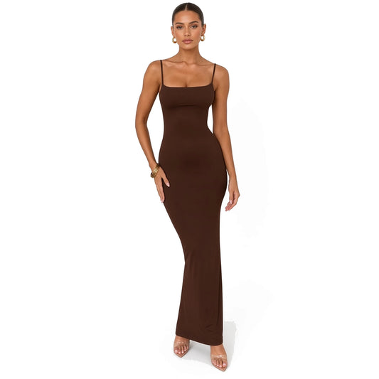 Draped Crisscross Backless Maxi Dress — Brown front