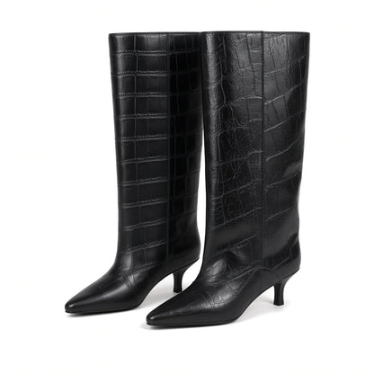 Croc Kitten Heel Knee Boots — black front