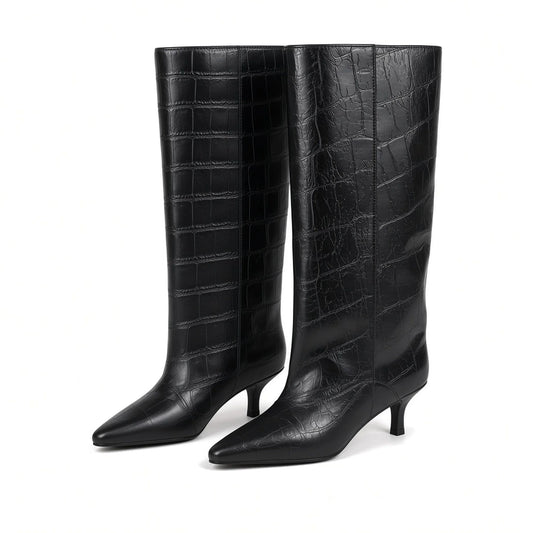 Croc Kitten Heel Knee Boots — black front