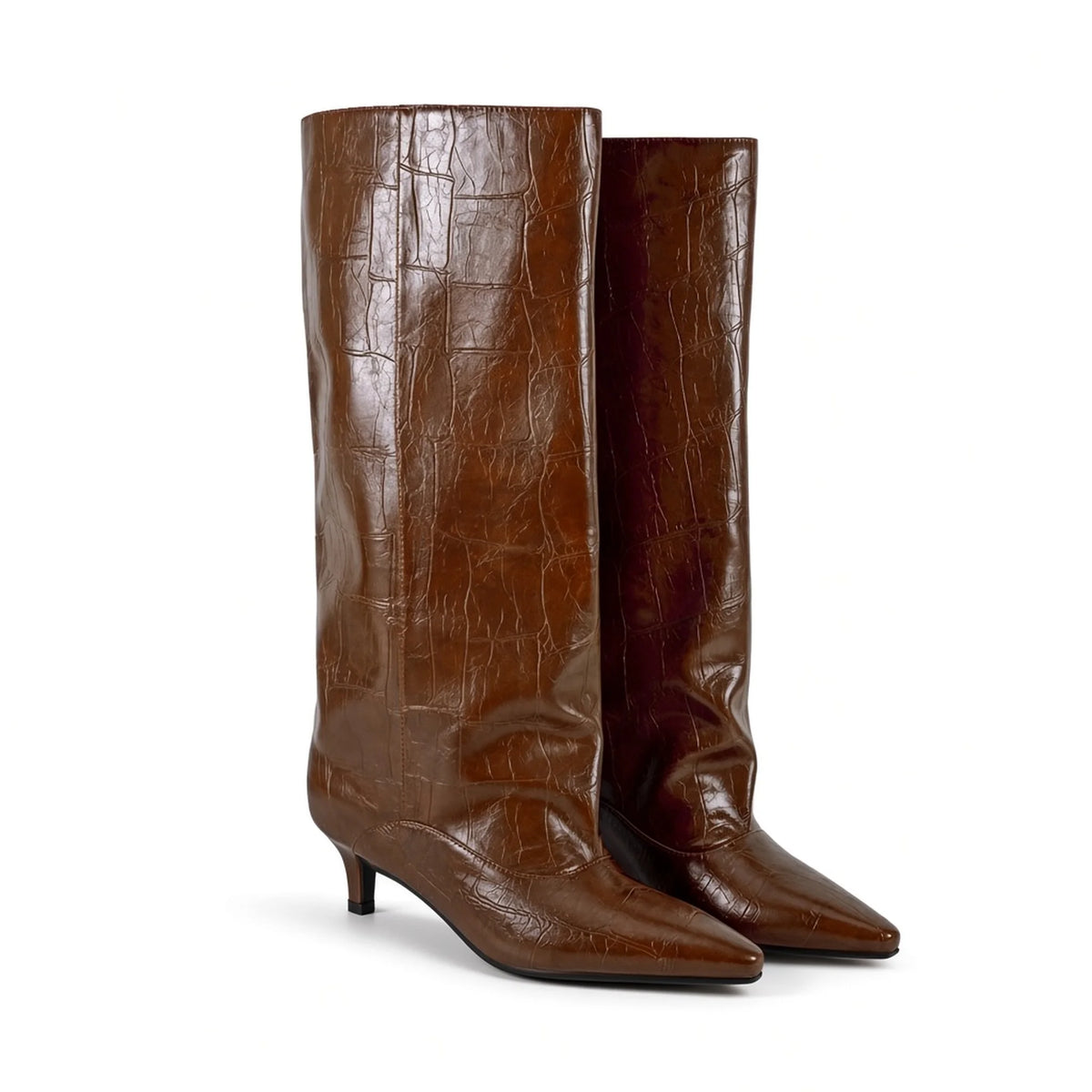 Croc Kitten Heel Knee Boots — brown front